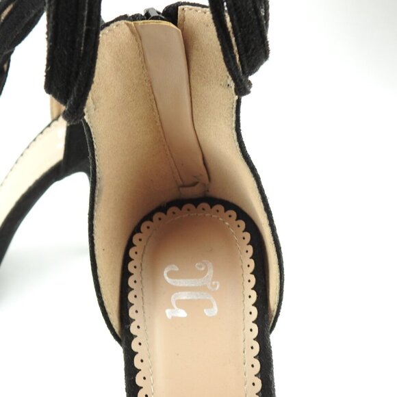 Black Strappy 4" Heels Faux Suede Flower Accents 3 Straps Heel - Picture 11 of 14